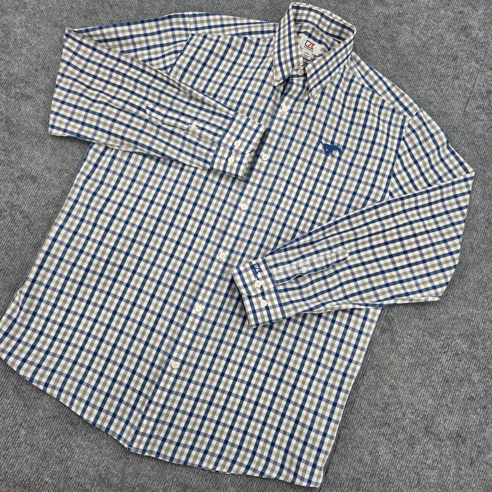 Cutter & Buck Mens Blue Grey Gingham Button Down Shirt Mustang Logo Size M